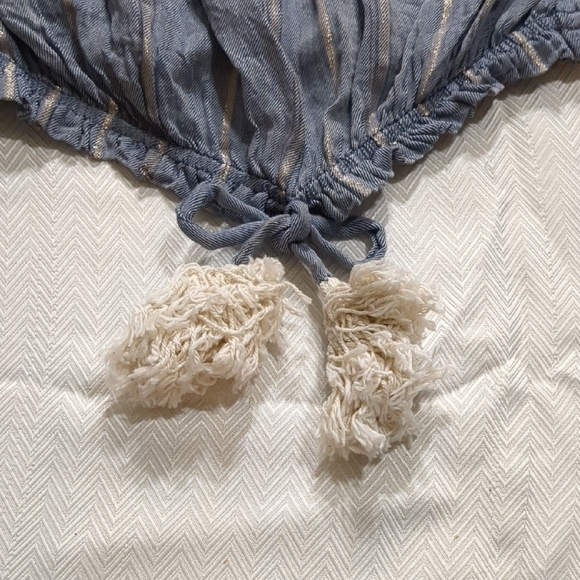 Blue Smocked Puff Sleeve Blouse with Tie Front - Picture 2 of 6